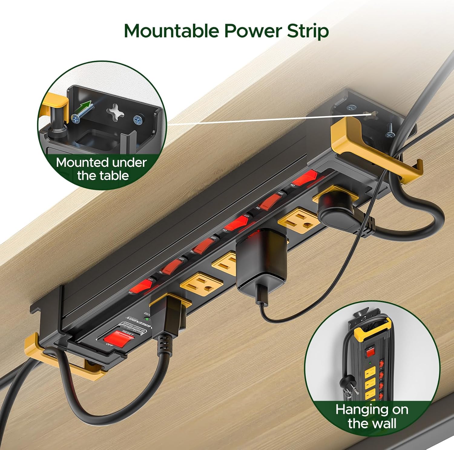 GREENBOX Mountable Heavy Duty Metal Power Strip, Multi-Outlet (6-12), Recessed Individual Switches, 3300J Surge Protector,Integrated Cable/Card Holder, 6FT Flat Plug Cord, ETL Listed