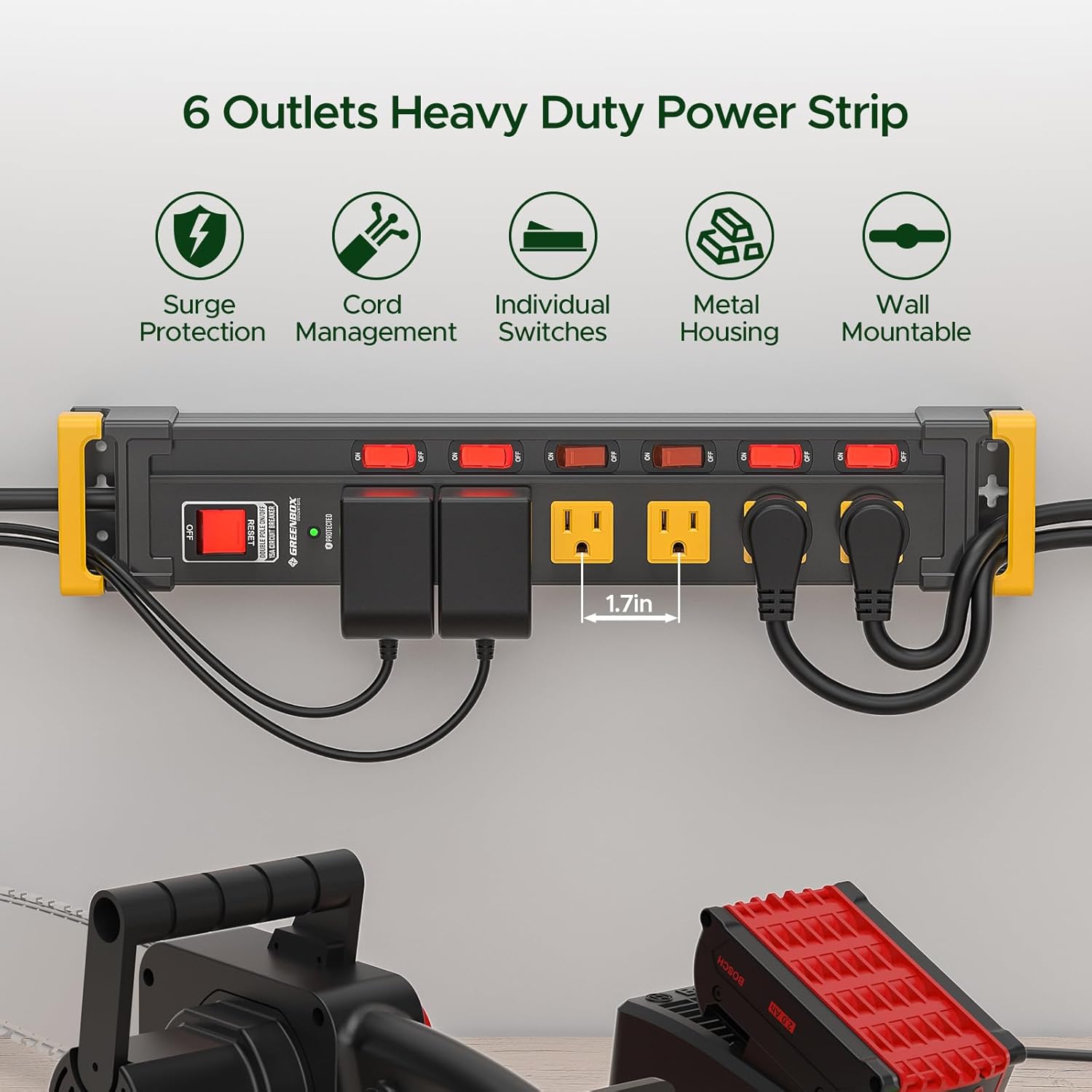 GREENBOX Mountable Heavy Duty Metal Power Strip, Multi-Outlet (6-12), Recessed Individual Switches, 3300J Surge Protector,Integrated Cable/Card Holder, 6FT Flat Plug Cord, ETL Listed